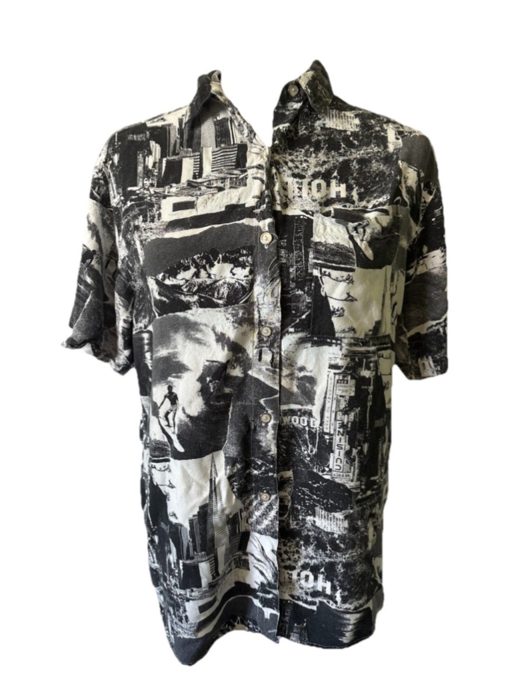 VTG 90s LA Blues All Over Print Shirt M Black White Hollywood California Surf